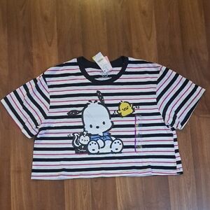 Sanrio Striped Cartoon Tee - Black, White, Pink